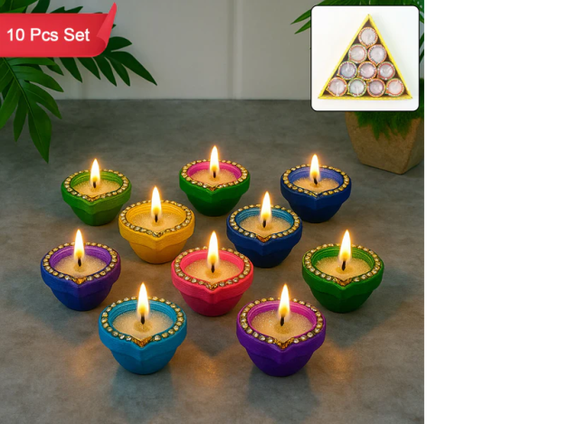 Handcrafted Decorative Clay Diya Set of 10 – Multicolor Glitter & Stone Work Oil Lamps for Diwali & Pooja