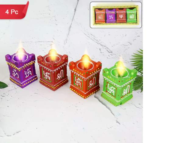 Traditional Handcrafted Square Diya Set of 4 – Decorative Clay Oil Lamp with Swastik & Shree Design for Festivals & Pooja