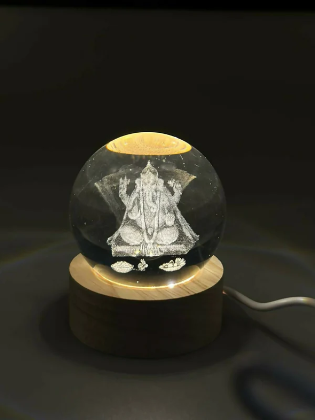 3D Crystal Glass Ball with LED Wooden Base – Engraved Lord Ganesha Decorative Night Light – Spiritual Gift for Home, Mandir, Diwali, Office Desk, and Meditation Décor